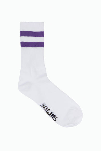 Chaussette blanche à rayures violettes par Accessories by Jack & Jones, avec logo imprimé sur le côté.
