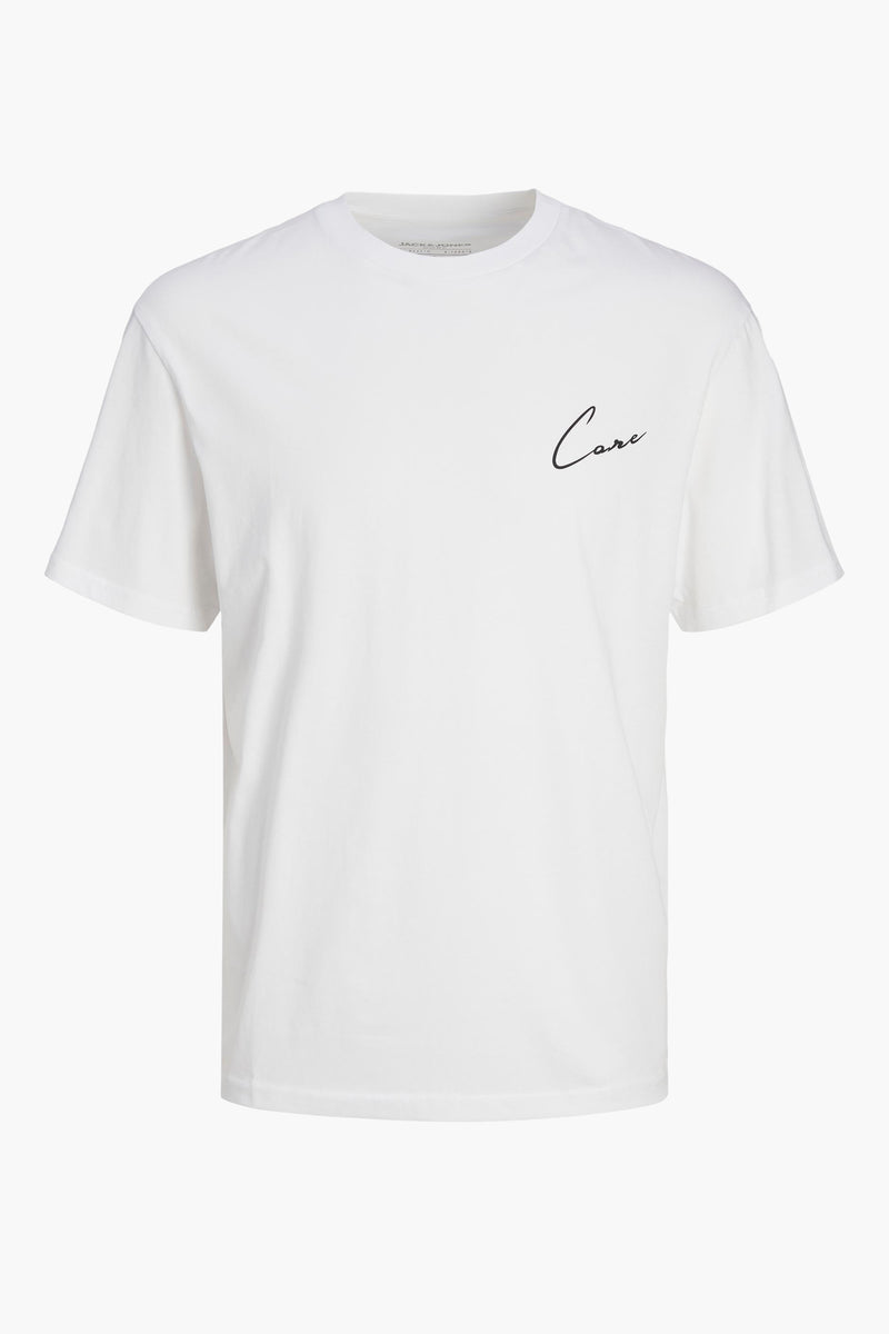 White short-sleeve t-shirt by Jack & Jones with black cursive "Care" logo on chest, front view