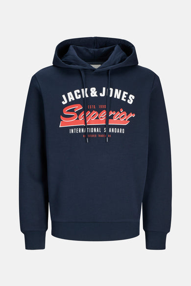 Sweat à capuche bleu par ORIGINALS BY JACK & JONES avec motif imprimé sur le devant et cordon de serrage.