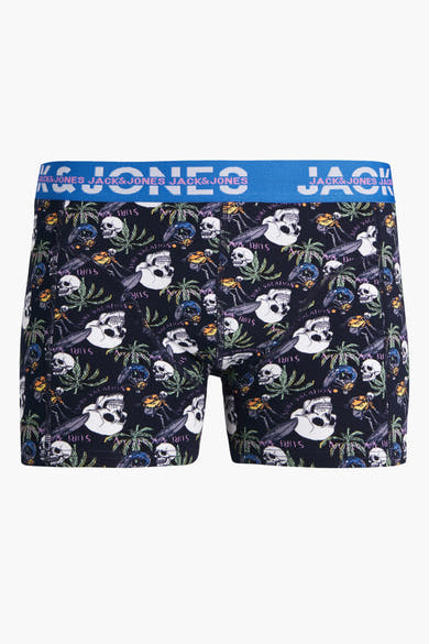Boxer bleu par ACCESSORIES BY JACK & JONES avec motif de crânes, palmiers et texte "Surf Vacation".
