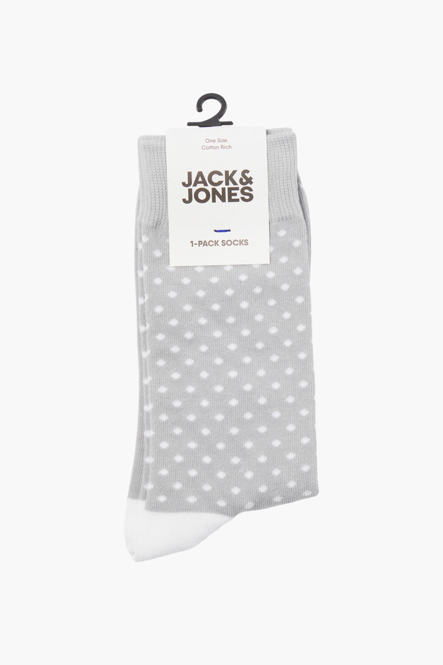 Grijze sokken met witte stippen van ACCESSORIES BY JACK & JONES, met witte neus, gepresenteerd aan een hanger.