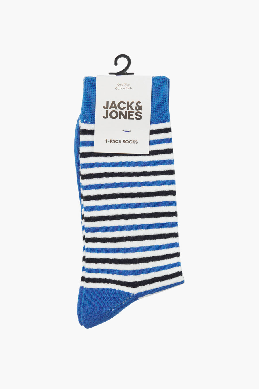 Chaussettes bleues à rayures, de ACCESSORIES BY JACK & JONES, avec motif rayé bleu, noir et blanc.