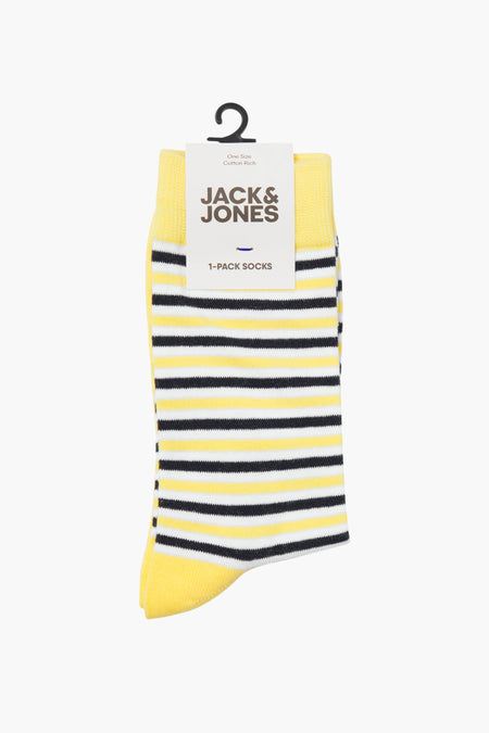 Gele gestreepte sokken van Jack & Jones, met zwarte en witte strepen.