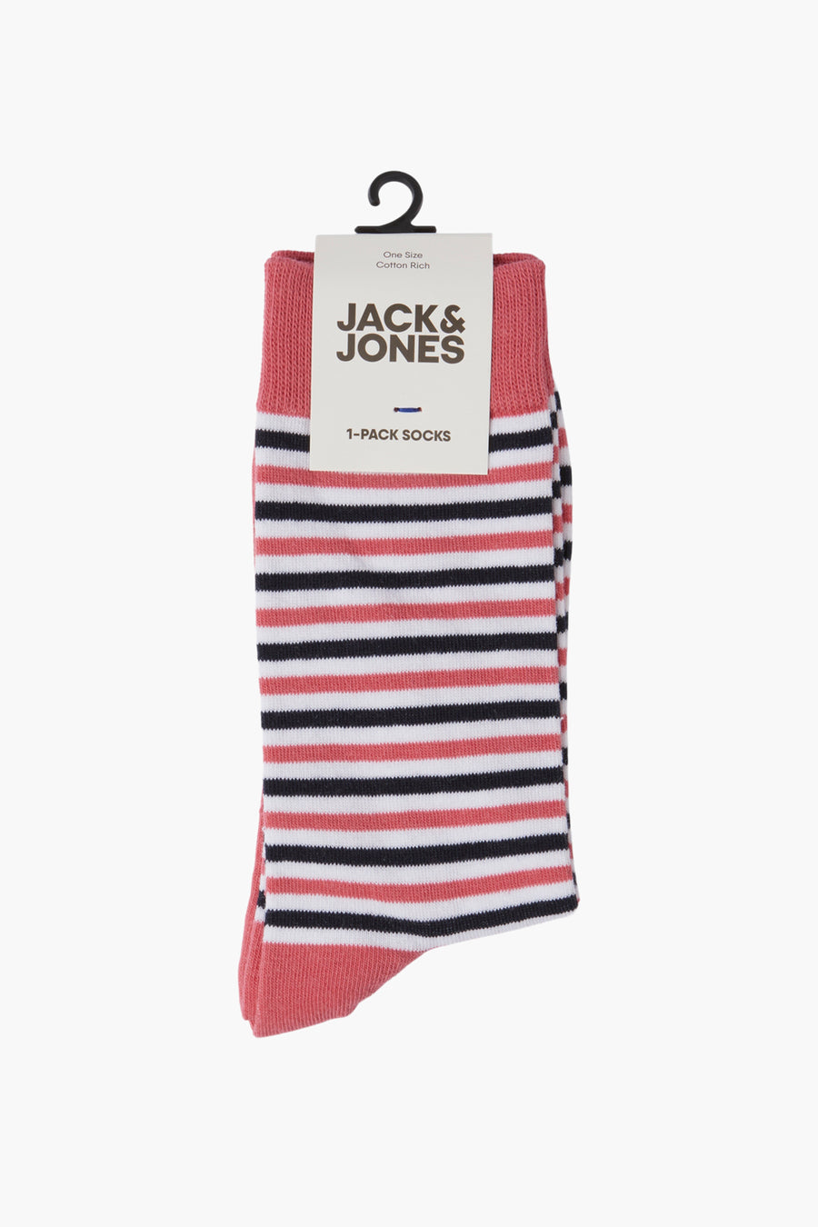 Chaussettes rayées rouge, noir et blanc par Jack & Jones, avec bordure rouge et étiquette.