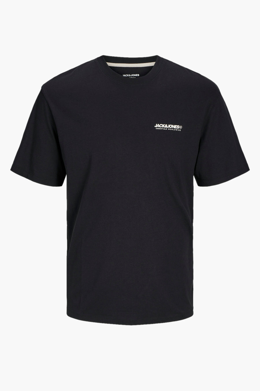 Zwart T-shirt met korte mouwen van JACK & JONES, met een discreet wit logo op de borst.