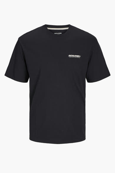 Zwart T-shirt met korte mouwen van JACK & JONES, met een minimalistisch logo op de voorkant.