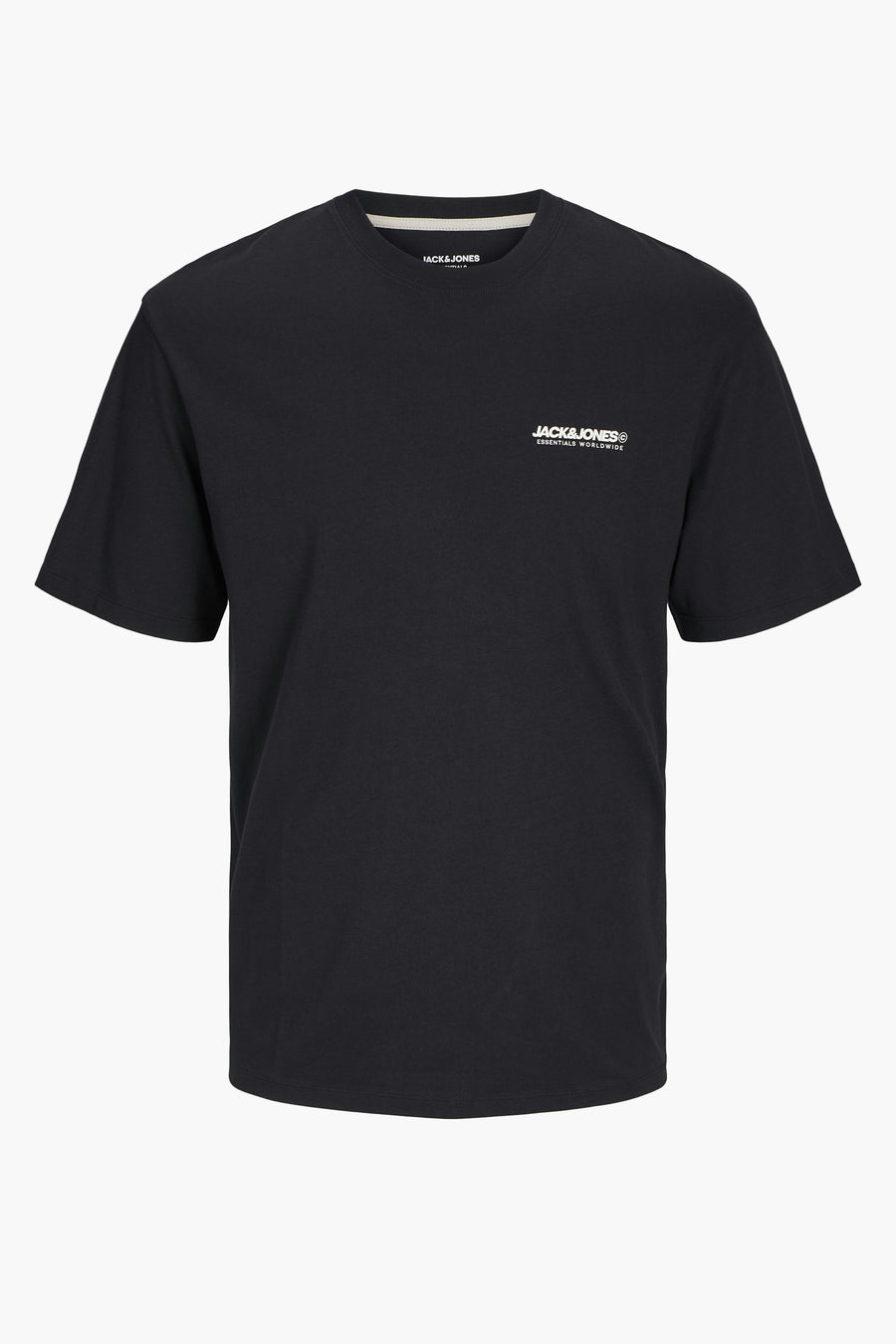 Zwart T-shirt met korte mouwen van JACK & JONES, met een minimalistisch logo op de voorkant.