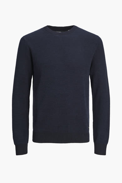 Pull à col rond bleu de JACK & JONES, avec une texture nid d'abeille sur l'ensemble.