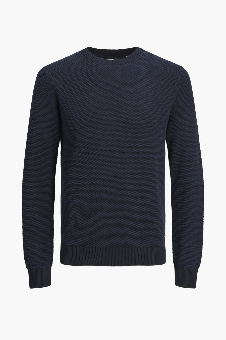 Pull à col rond bleu de JACK & JONES, avec une texture nid d'abeille sur l'ensemble.