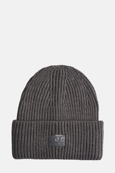 Bonnet gris chiné d'ACCESSORIES BY JACK & JONES, en maille côtelée avec un écusson de marque noir.