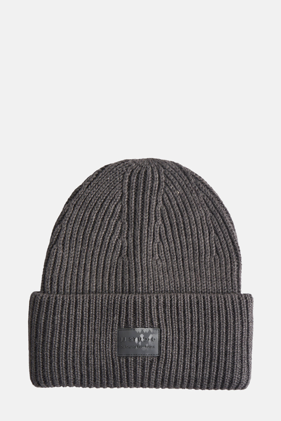 Bonnet gris chiné d'ACCESSORIES BY JACK & JONES, en maille côtelée avec un écusson de marque noir.