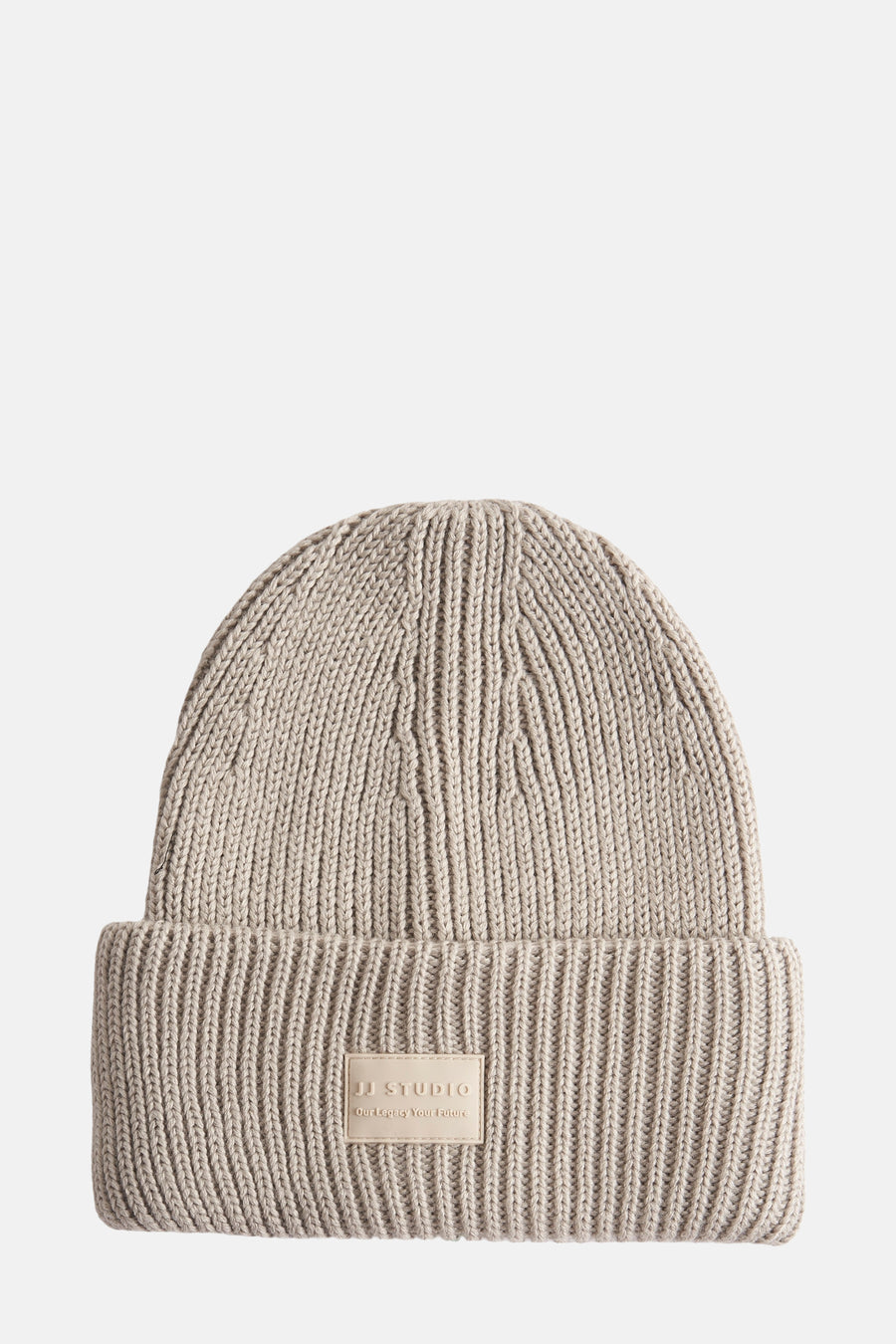 Bonnet beige d'ACCESSORIES BY JACK & JONES, en tricot côtelé avec un patch logo rectangulaire sur le revers.
