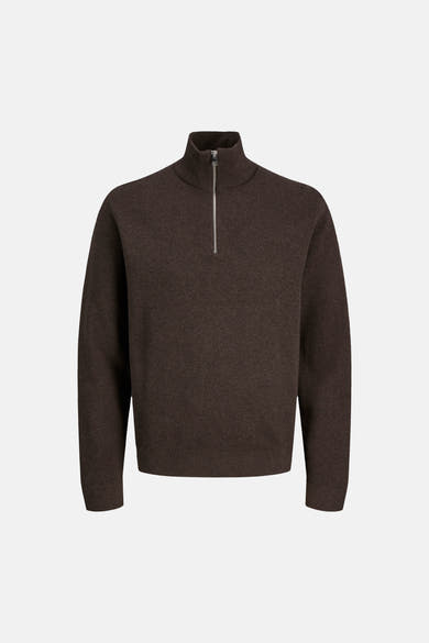 Brown ribbed knit half-zip turtleneck sweater with silver zipper front view