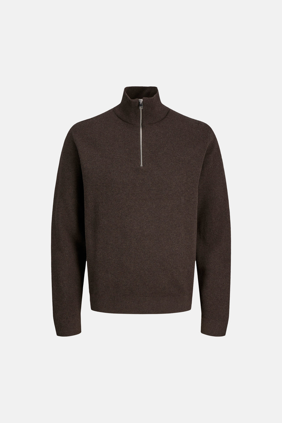 Brown ribbed knit half-zip turtleneck sweater with silver zipper front view
