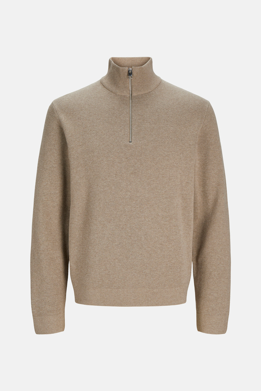 Pull à col roulé beige de PREMIUM by JACK & JONES, avec fermeture éclair partielle et texture côtelée.