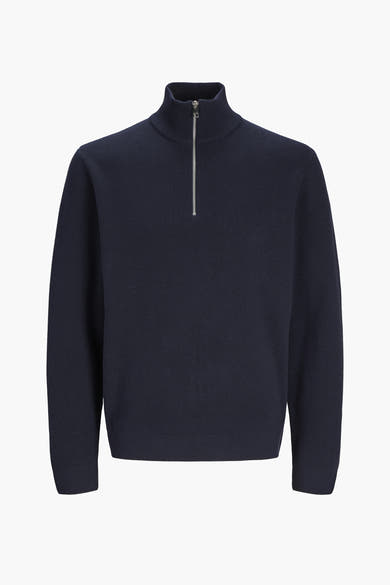 Blauwe coltrui van PREMIUM by JACK & JONES, met zilveren ritssluiting en ribgebreide textuur.