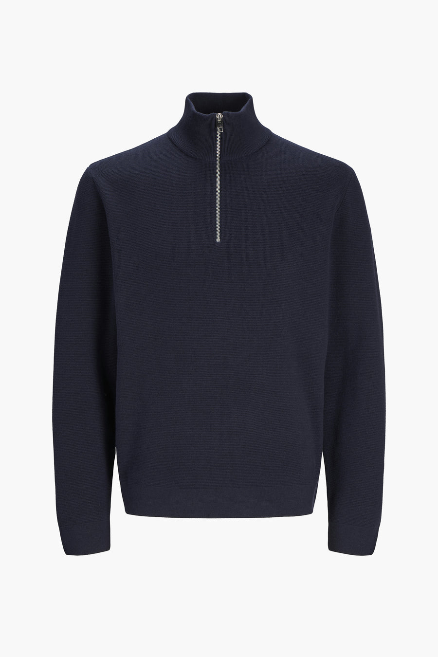 Blauwe coltrui van PREMIUM by JACK & JONES, met zilveren ritssluiting en ribgebreide textuur.