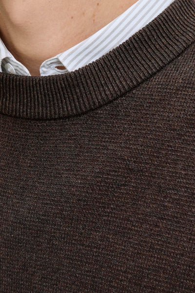 Gros plan sur le col côtelé d’un pull brun PREMIUM by JACK & JONES porté sur une chemise blanche à rayures.