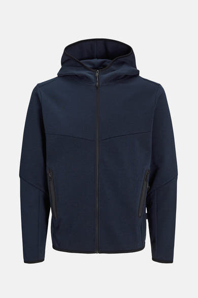 Donkerblauwe hoodie van JACK & JONES met ritssluiting en zakken met rits.