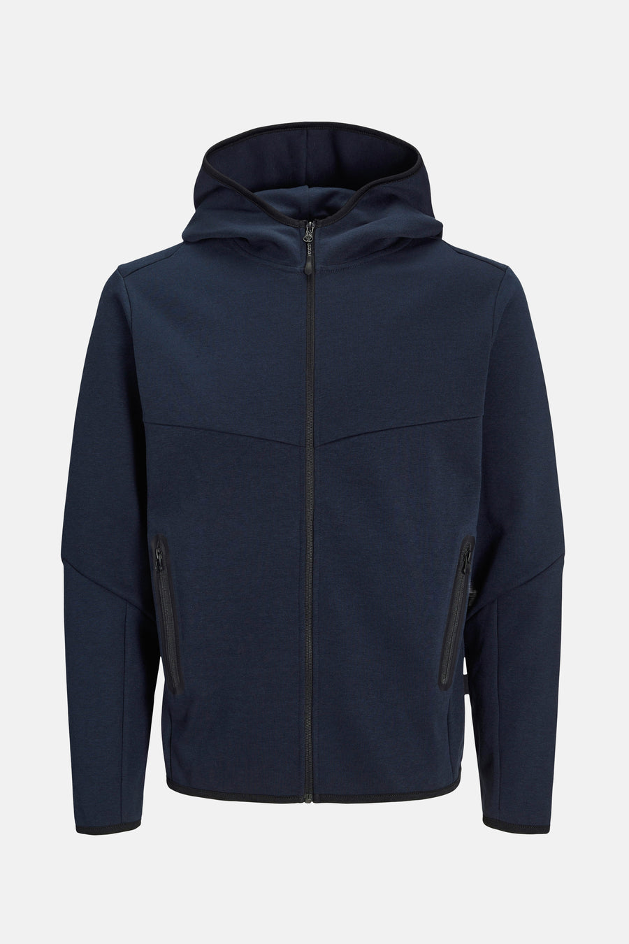 Donkerblauwe hoodie van JACK & JONES met ritssluiting en zakken met rits.
