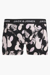 Boxer noir d'ACCESSORIES BY JACK & JONES à motif ananas et feuilles tropicales blanches et violettes.