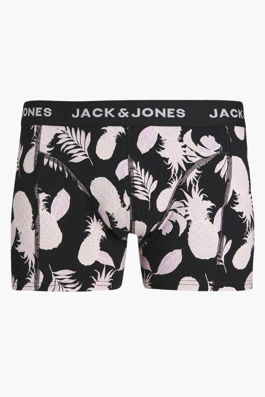 Boxer noir d'ACCESSORIES BY JACK & JONES à motif ananas et feuilles tropicales blanches et violettes.