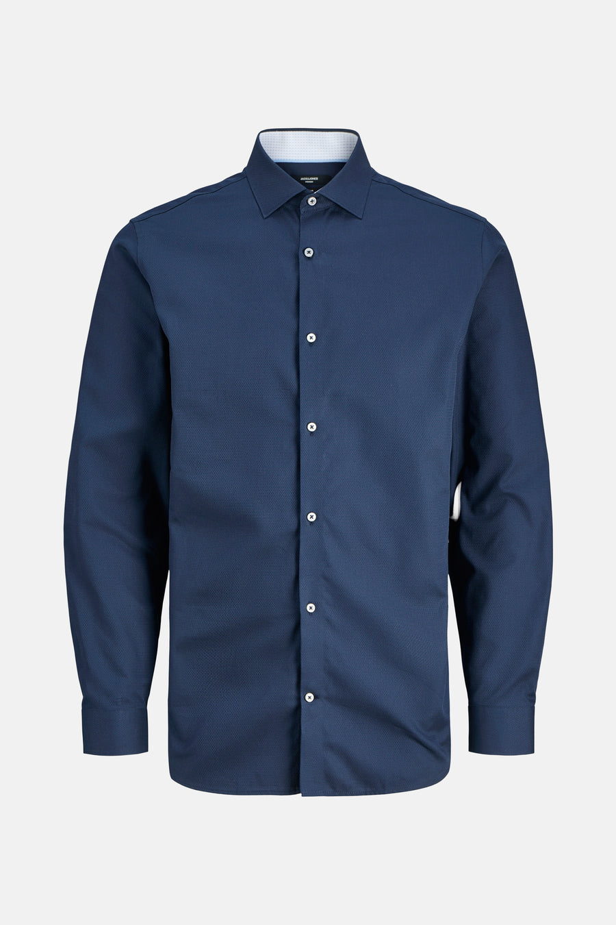 Blauw overhemd met lange mouwen van PREMIUM by JACK & JONES, met een subtiel ruitpatroon en witte knopen.