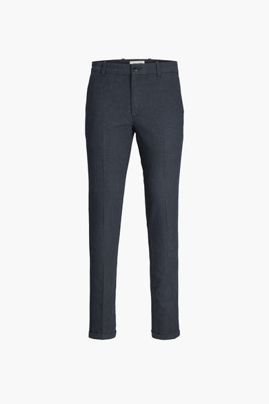 Pantalon de costume bleu par JACK & JONES, avec une texture subtile et ourlets aux chevilles.
