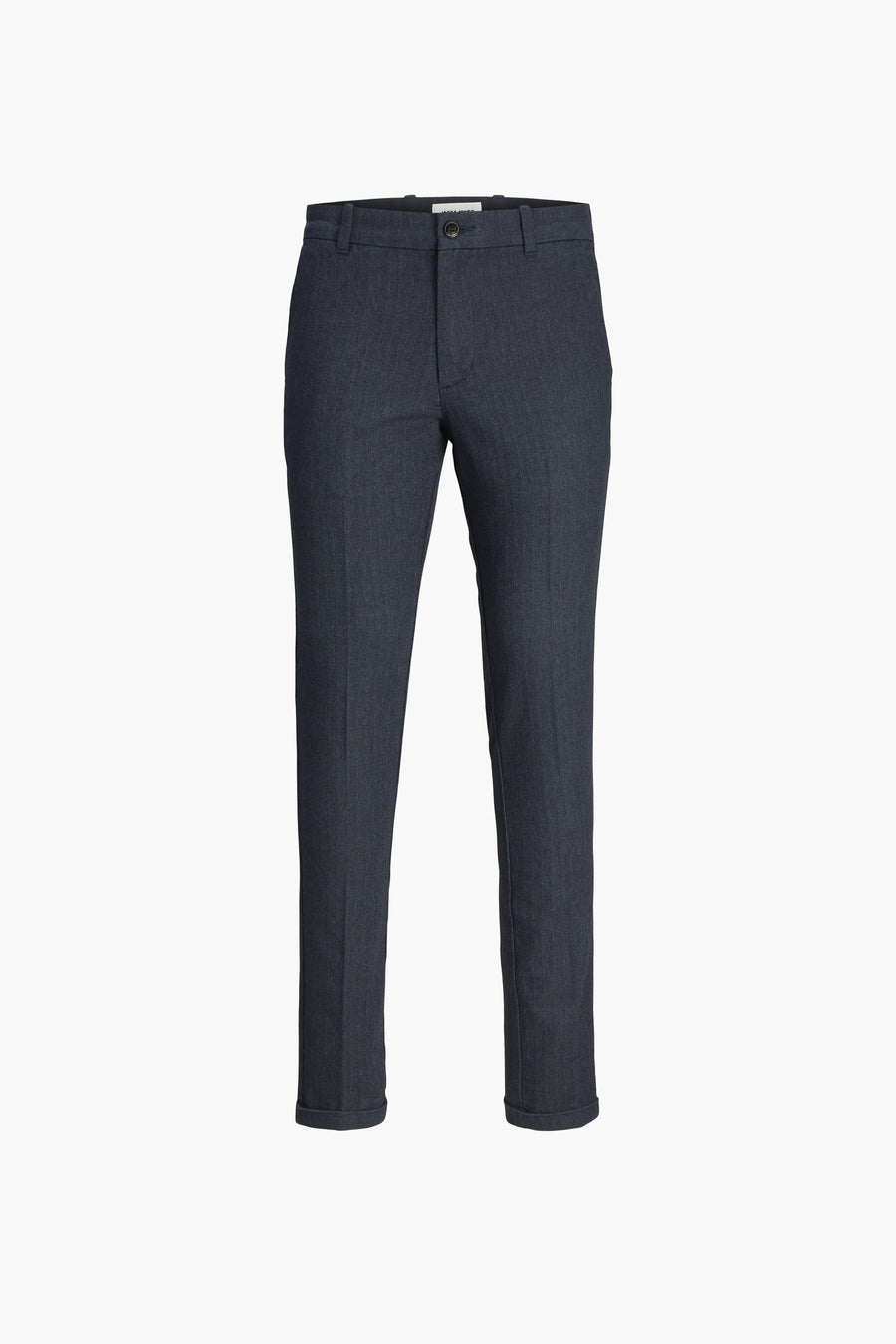Pantalon de costume bleu par JACK & JONES, avec une texture subtile et ourlets aux chevilles.
