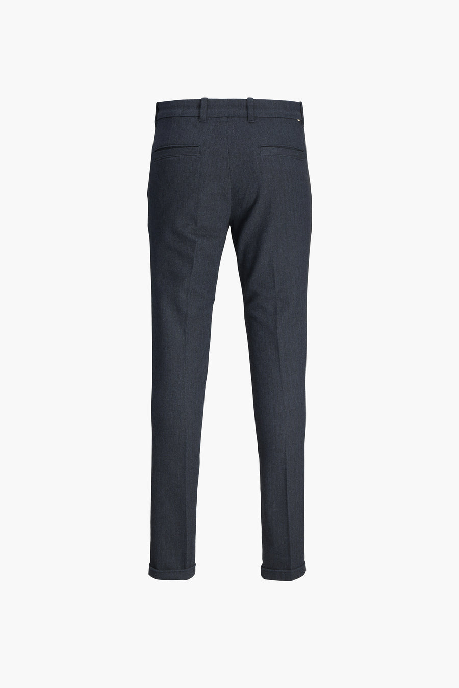Pantalon de costume bleu par JACK & JONES, avec poches arrières et coupe ajustée, sur fond blanc.