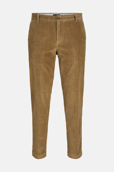 Pantalon de costume beige en velours côtelé, de JACK & JONES, vue frontale, coupe ajustée, poches latérales discrètes