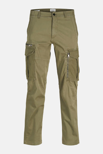 Kaki cargobroek van JACK & JONES, met zakken met ritsklep op de dijen.