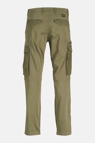 Kaki cargobroek van JACK & JONES, met cargozakken en zichtbare stikseldetails, achterzijde.