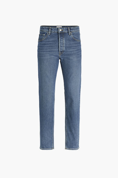 Jack & Jones Intelligence middellange blauwe tapered jeans, met een klassieke denimtextuur en een moderne pasvorm.