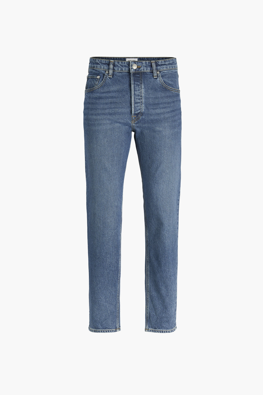 Jack & Jones Intelligence middellange blauwe tapered jeans, met een klassieke denimtextuur en een moderne pasvorm.