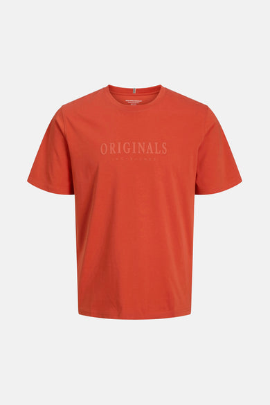 Oranje T-shirt met korte mouwen van ORIGINALS BY JACK & JONES, met het woord "ORIGINALS" in reliëf.