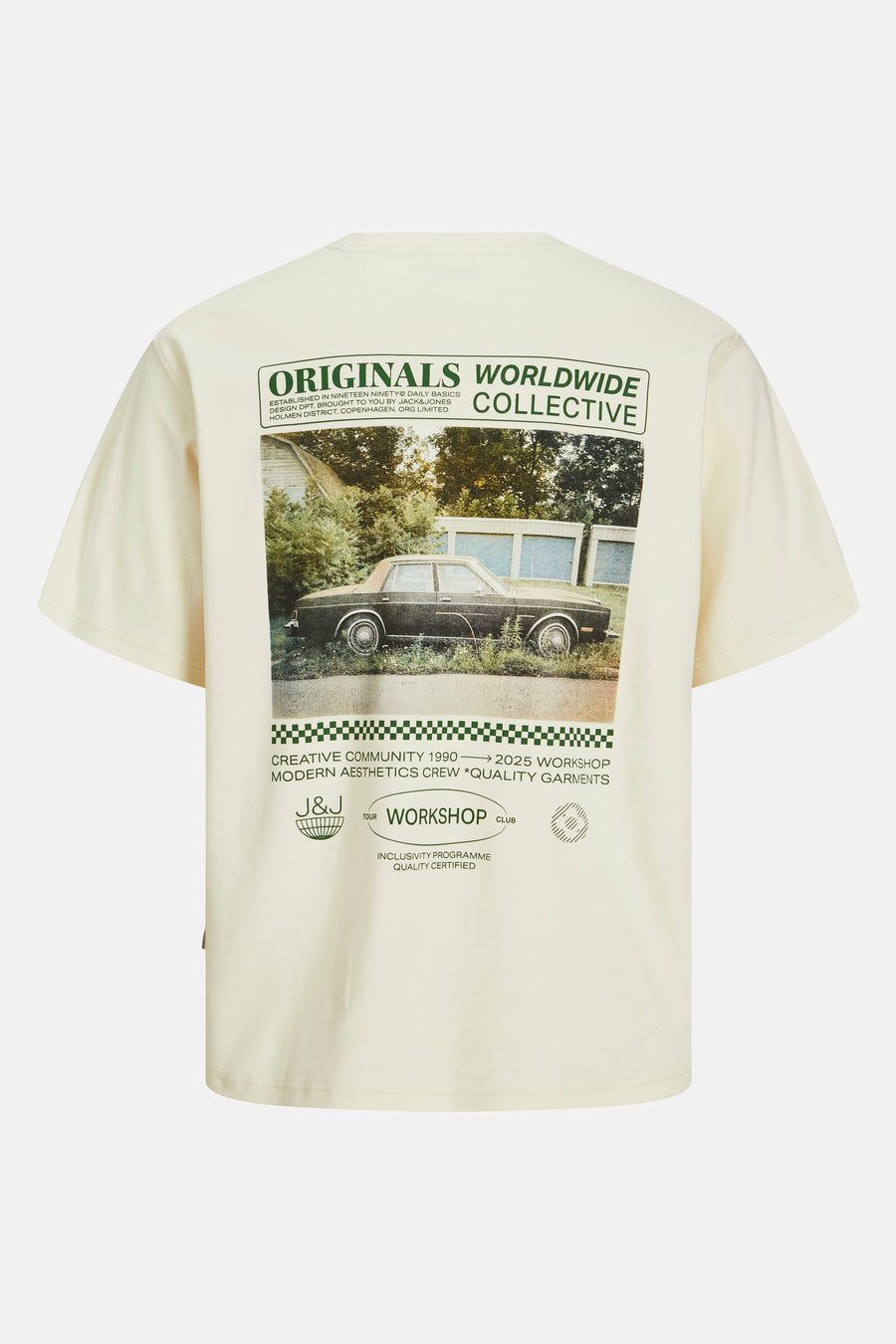 Ecru T-shirt met korte mouwen van ORIGINALS BY JACK & JONES met vintage auto fotoprint op de rug.