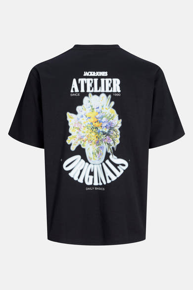 Zwart T-shirt met korte mouwen van ORIGINALS BY JACK & JONES met bloemenprint in een vaas.