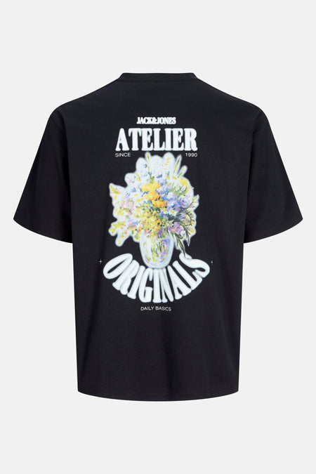 Zwart T-shirt met korte mouwen van ORIGINALS BY JACK & JONES met bloemenprint in een vaas.