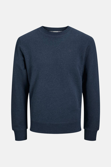 Blauwe sweater van PREMIUM by JACK & JONES met gemêleerde textuur en discreet logo op de borst.