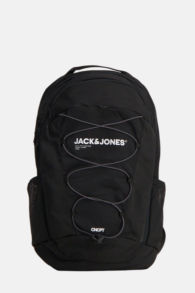 Zwarte rugzak van ACCESSORIES BY JACK & JONES, met elastisch koord aan de voorkant en zijvakken van mesh.