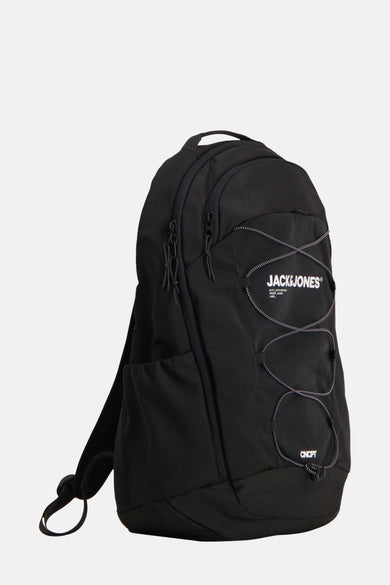 Zwarte rugzak van ACCESSORIES BY JACK & JONES met decoratieve koorden en zijvak van mesh.