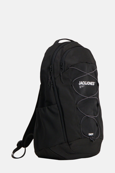 Zwarte rugzak van ACCESSORIES BY JACK & JONES met decoratieve koorden en zijvak van mesh.