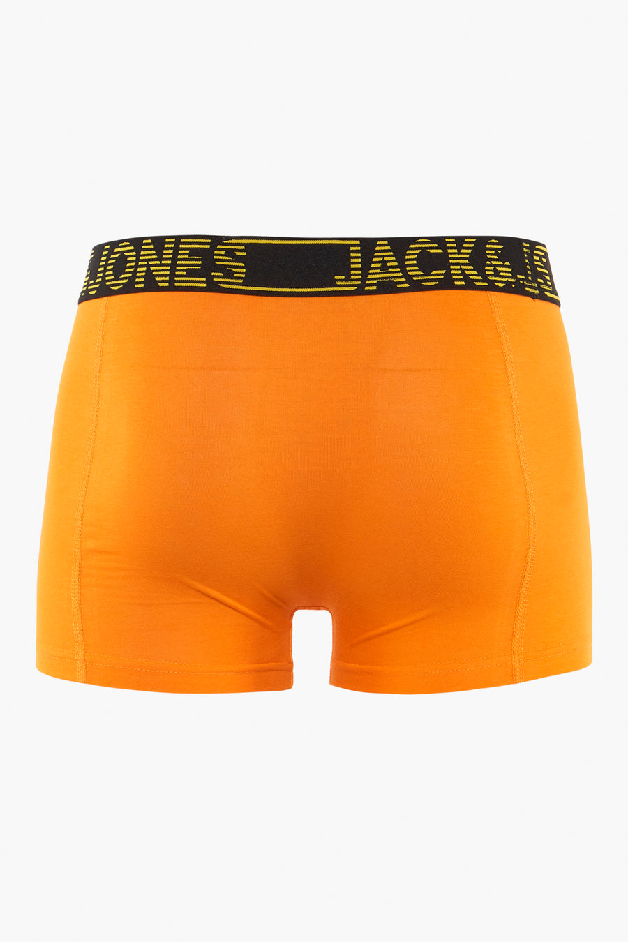Boxer orange ACCESSORIES BY JACK & JONES avec une ceinture élastique noire et jaune portant le nom de la marque.