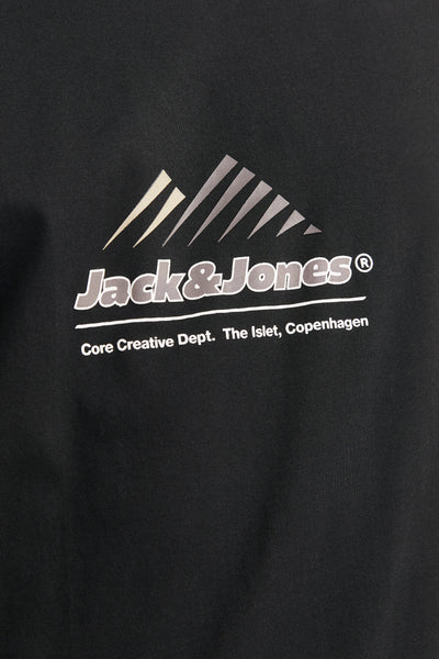 Zwart T-shirt met korte mouwen van Jack & Jones, met een wit en grijs grafisch logo.