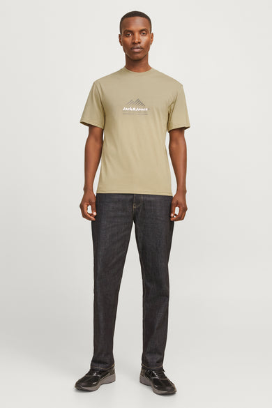 T-shirt à manches courtes argenté de JACK & JONES, avec motif graphique de montagne sur le devant, porté avec un jean foncé.