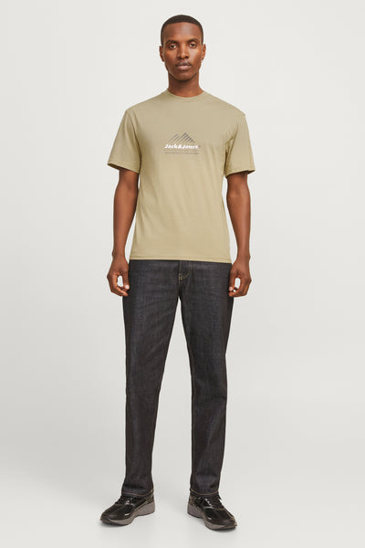 T-shirt à manches courtes argenté de JACK & JONES, avec motif graphique de montagne sur le devant, porté avec un jean foncé.