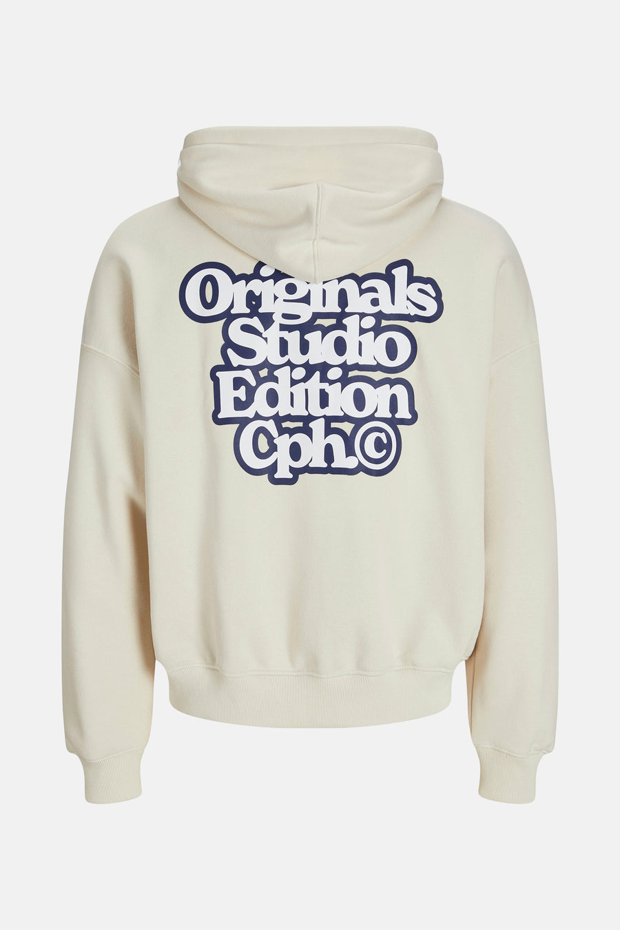 Gebroken wit sweatshirt met capuchon van Originals by Jack & Jones, met grote marineblauwe belettering op de rug.