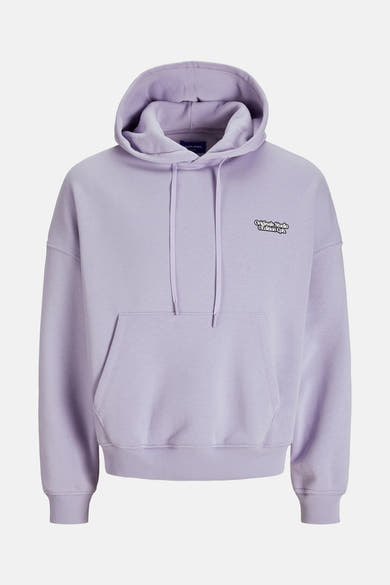 Paarse hoodie van ORIGINALS BY JACK & JONES met kangoeroezak en trekkoord.