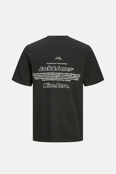 Zwarte shortsleeve T-shirt van JACK & JONES met grafisch ontwerp op de rug.